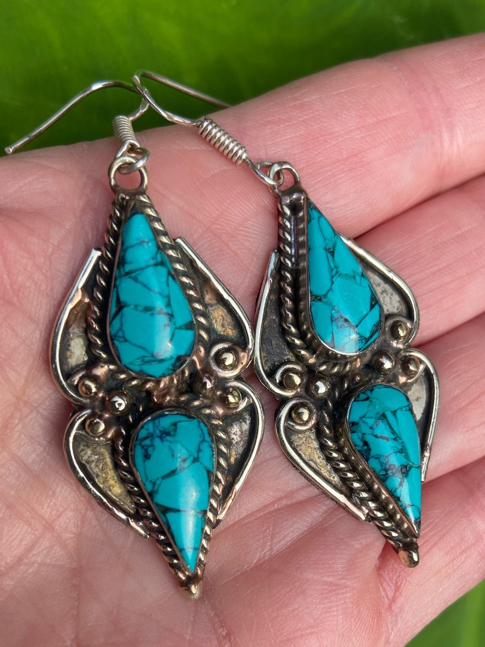 Tibetan Turquoise Teardrop Earrings in 925 Sterling Silver. - Picture 15 of 15